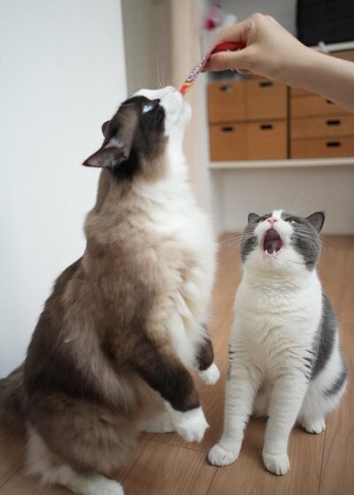 仲良くおやつを待つ猫ちゃん