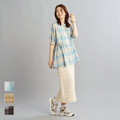 レディース撥水シアーチェックギャザーシャツ