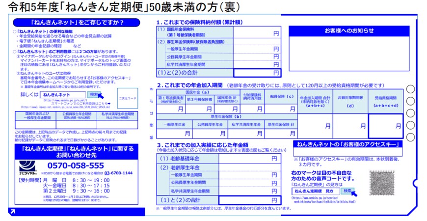 出所：日本年金機構：「ねんきん定期便」の様式（サンプル）と見方ガイド（令和5年度送付分）