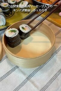 【韓国風弁当】魚肉ソーセージ入りキンパが美味しそう！コメント欄「贅沢なお弁当ですね」の声