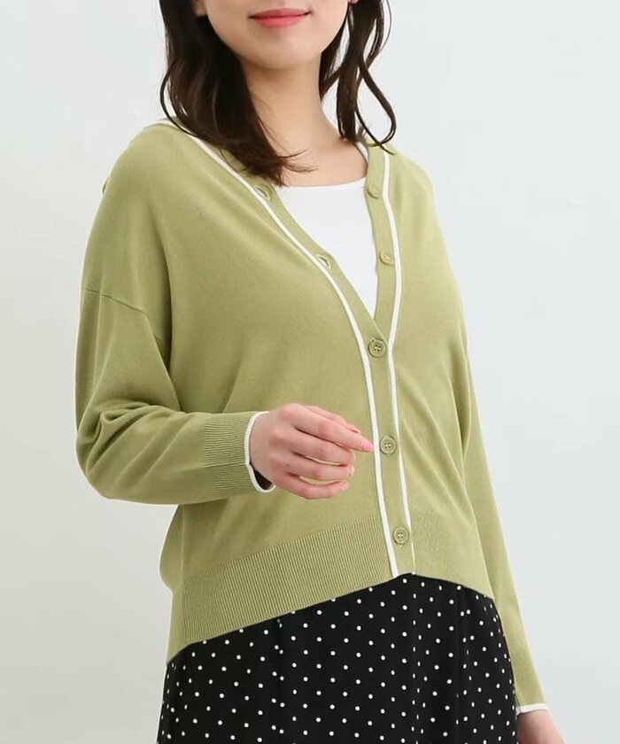 8分袖配色ラインVカーデ