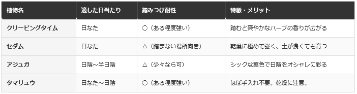 隙間に植えるグランドカバー早見表