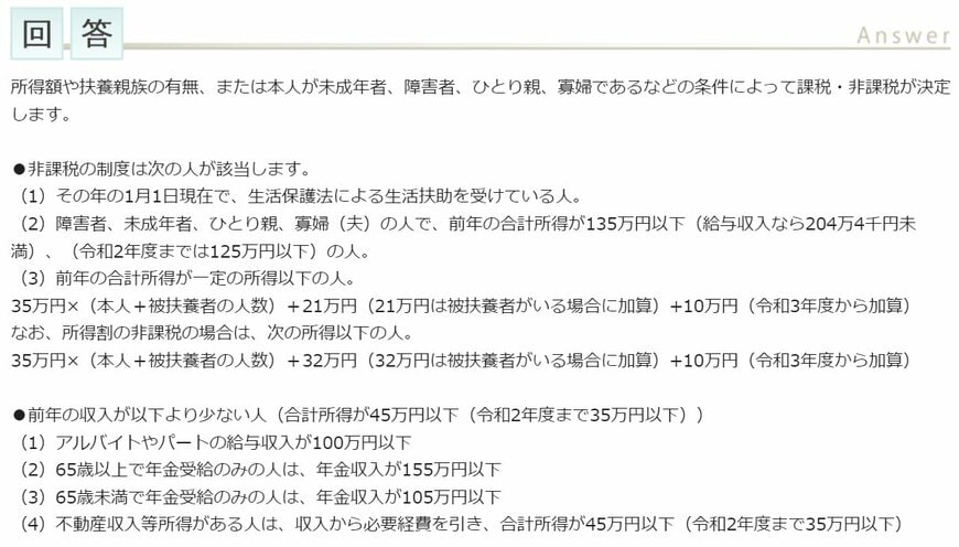住民税が非課税となる要件(東京都港区)
