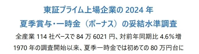 出所：一般財団法人労務行政研究所「東証プライム上場企業の2024 年夏季賞与・一時金（ボーナス）の妥結水準調査」