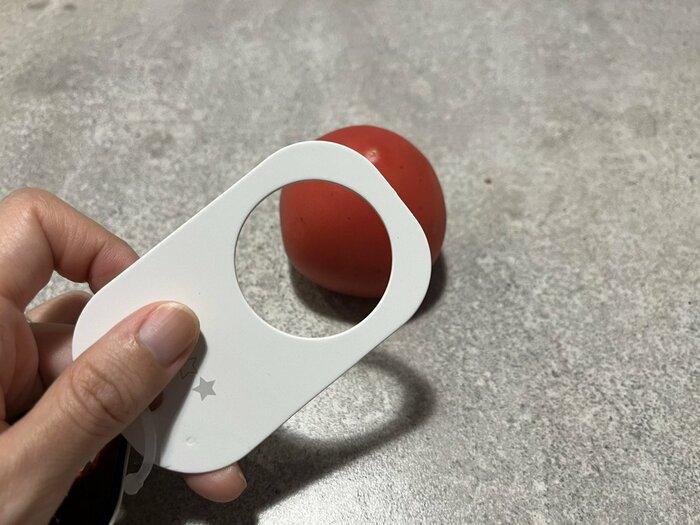 冷蔵庫に入っていたトマトを虫メガネでのぞいて色を確認します