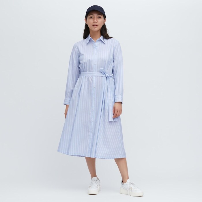 出所：ユニクロ公式 ストライプコットンAラインシャツワンピース（長袖・標準丈・110～121cm）