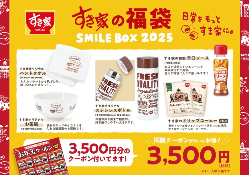 画像出所：株式会社ゼンショーホールディングス「【すき家】すき家の福袋「SMILE BOX 2025」発売決定！お得なクーポンとオリジナルグッズで2025年をすき家色に！」PR TIMES