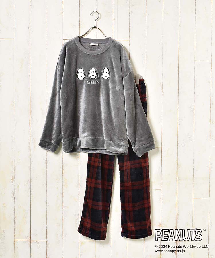 ブルーブルーエ公式 スヌーピーチェックルームウェア上下セット(レッド全体)