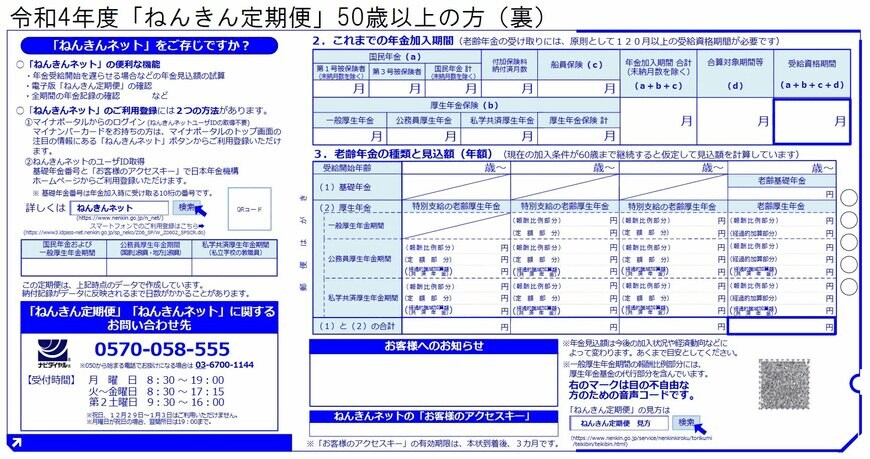 出所：日本年金機構「ねんきん定期便」の様式（サンプル）と見方ガイド（令和4年度送付分）