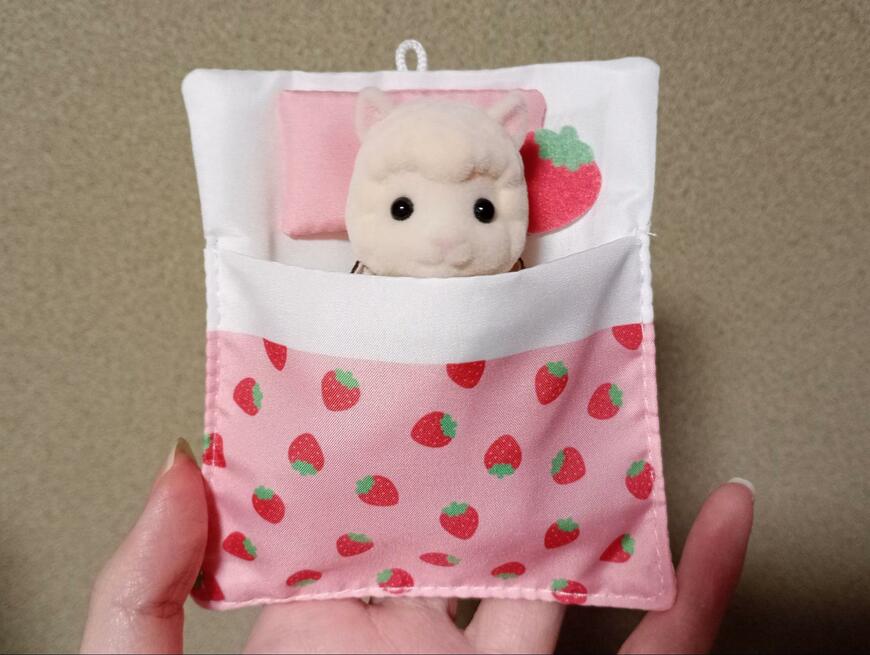 筆者撮影（セリア、ドールポーチ お出かけおふとん 大 フルーツ）