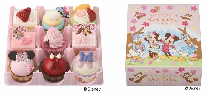 ぽかぽかの春の1日にミッキーマウスやミニーマウス、ドナルドやデイジーたちがお花見を楽しんでいる様子を9つのプチケーキにデザイン