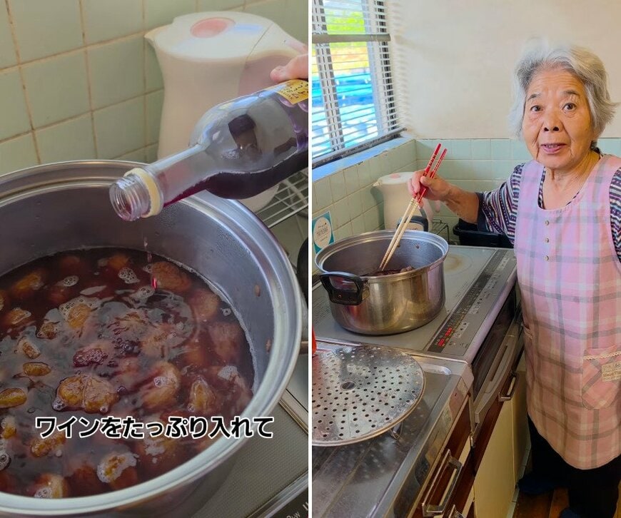 ワインをたっぷり加えて栗を煮込む様子