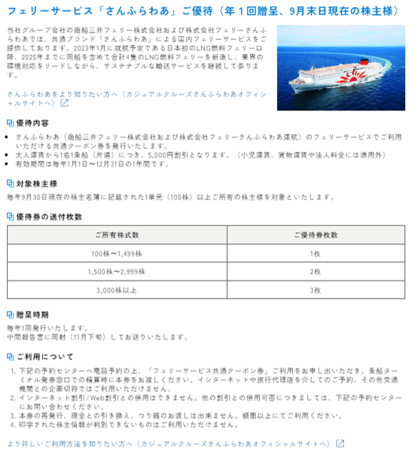 株式会社三井商船「株主優待制度」
